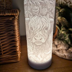 William Morris Inspired Highland Cow Lamp | Art Nouveau Style | Rechargeable | Remote Control | Multicolours | Genuine Small UK Business