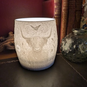 Può includere: Un portacandele cilindrico bianco sporco con un rilievo dettagliato di una mucca delle Highlands, fiori e una farfalla. Il portacandele è illuminato dall'interno, proiettando una luce soffusa. Libri e un vaso di vetro decorativo sullo sfondo.