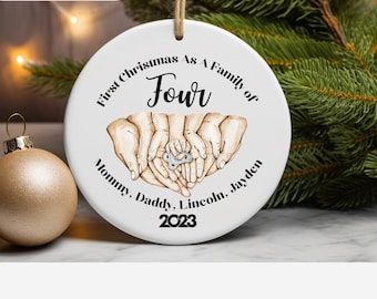 Personalized Ornament, Family of four ornament - New baby - Christmas keepsake Light Skin- Family of 4 ornament - Ceramic Ornament - Hands