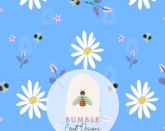 Patrón sin costuras de abejas y margaritas: Diseño floral azul (Descarga PDF, 30 x 30 cm, 300 DPI)