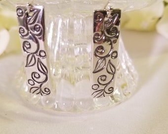 Fine Silver Earrings Embossed with a Lovely Vine Pattern