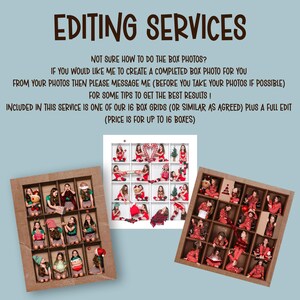 May include: A digital service offering to create a completed box photo from your photos. The service includes one of 16 box grids or similar as agreed, plus a full edit. The price is for up to 16 boxes. Two examples of completed box photos are shown.