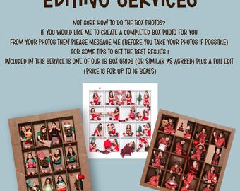 Puede incluir: Un servicio digital que ofrece crear una foto de caja completa a partir de tus fotos. El servicio incluye una de nuestras 16 cuadrículas de cajas o similares según se acuerde, más una edición completa. El precio es para un máximo de 16 cajas. Se muestran dos ejemplos de fotos de cajas terminadas.