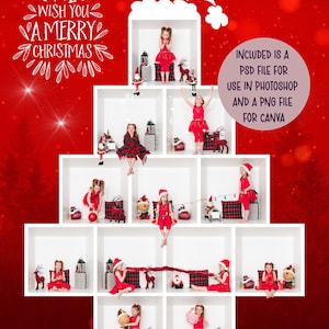 Modello per fotografia di albero di Natale nella scatola, collage per fotografia di scatole, all'interno della scatola, biglietto di auguri, modello per Photoshop e Canva