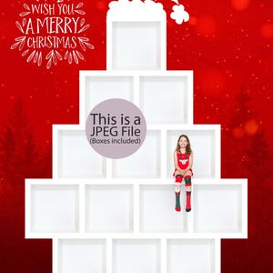 May include: A Christmas-themed image with a red background and white accents. It features a Christmas tree-shaped display of white boxes, a Santa hat, and the text "We wish you a Merry Christmas." A child is sitting on the boxes.