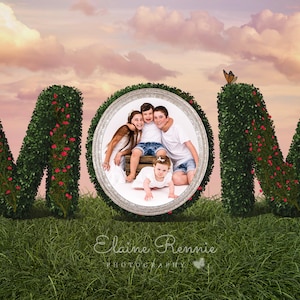 May include: A photo of a family of four, a girl, two boys, and a baby, framed in a silver oval frame. The frame is set in a green bush that spells out the word "MOM". The background is a pink and orange sunset sky.