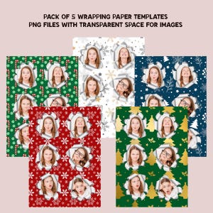 May include: A pack of five wrapping paper templates with PNG files. The designs include green with candy canes, white with bows and snowflakes, red with snowflakes, dark blue with snowflakes and white trees, and green with gold Christmas trees.