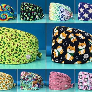 Scrub Caps w/ Buttons | 100% Organic Cotton | Made in USA | One Size | Fun Colors and Patterns | With Sweatband