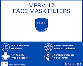 May include: A blue and white graphic with the text "MERV-17 FACE MASK FILTERS." The image includes a logo, icons, and text describing filtration efficiency, non-toxic properties, and reusability. The text also states "Made in U.S.A."