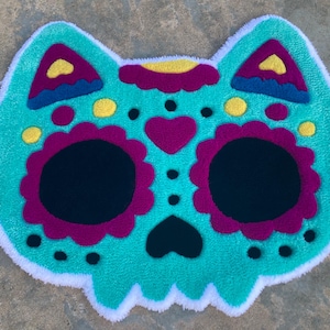 Handmade Cat Sugar Skull Rug - Dia de los Muertos inspired tufted rug - Colorful Cat Decor, Halloween & Gothic Home Accent