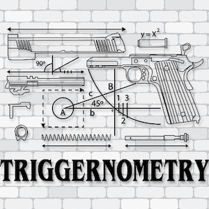 Op de afbeelding: Een zwart-wit diagram van een uit elkaar gehaald pistool met wiskundige aantekeningen. Het woord "TRIGGERNOMETRY" wordt in vette, zwarte letters onderaan de afbeelding weergegeven. De achtergrond is een witte bakstenen muur.