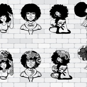 Puede incluir: Ilustraciones en blanco y negro de mujeres con peinados naturales. Las imágenes muestran varias poses, incluyendo una con la palabra "Queen" en una sudadera con capucha. El fondo es una pared de ladrillos blancos.