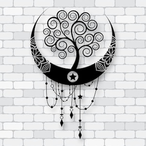 May include: Black metal wall art depicting a tree within a crescent moon. The moon has decorative patterns and a star. Beaded strands with stars and diamond shapes hang from the moon. The art is mounted on a white brick wall.