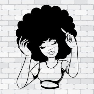 Puede incluir: Ilustración en blanco y negro de una persona con un gran afro, tocándose el pelo. La persona lleva una camiseta sencilla. El fondo es una pared de ladrillos blancos.