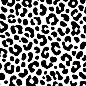 Puede incluir: Patrón sin costuras con manchas de leopardo negras sobre fondo blanco. Las manchas, de tamaños y formas variadas, crean un diseño audaz y llamativo. Este patrón es adecuado para diversos usos, como telas, papeles pintados y diseños digitales.