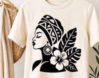 Black Woman Headwrap SVG, Floral Afro Silhouette, Botanical Cricut Cut File, png dxf eps