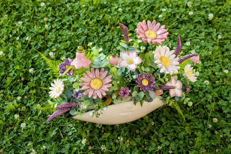 Beige Premium Oval Centerpiece Pink-Purple Flowers Table Decoration with Wonderful Ceramic Flowers image 8