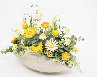 Oval Centerpiece - Yellow Flowers - Table Decoration with Meadow Ceramic Flowers