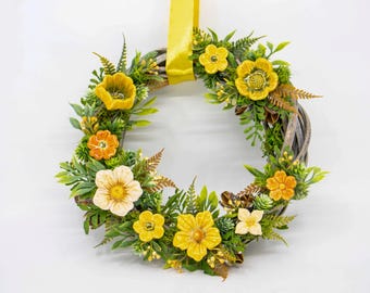 Wreath with Cherry Blossom - Yellow - Door Decoration,Hanging Wreath with Ceramic Flowers