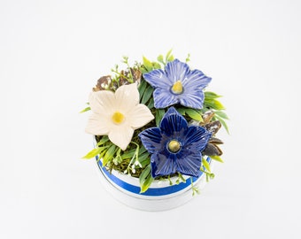 Flower Box with Mallow - Blue - Spring Flower Arrangement with Ceramic Flowers