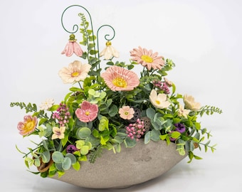 Premium Centerpiece with Bellflowers - Pink - Large Table Decoration with Beautiful Ceramic Flowers