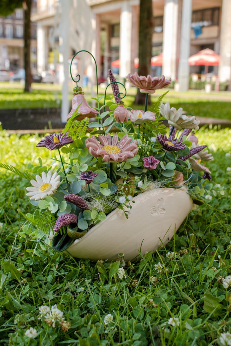 Beige Premium Oval Centerpiece Pink-Purple Flowers Table Decoration with Wonderful Ceramic Flowers image 7