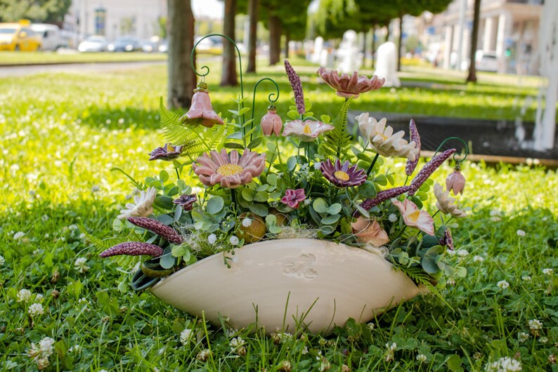 Beige Premium Oval Centerpiece Pink-Purple Flowers Table Decoration with Wonderful Ceramic Flowers image 6