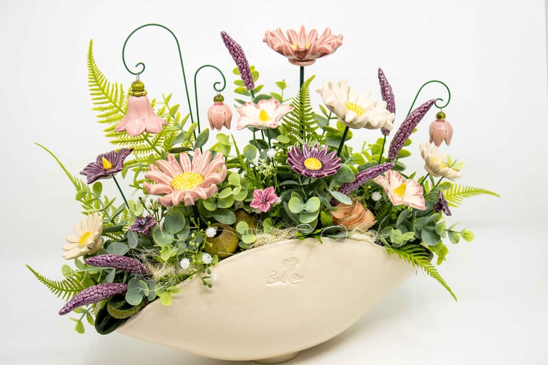 Beige Premium Oval Centerpiece Pink-Purple Flowers Table Decoration with Wonderful Ceramic Flowers image 1