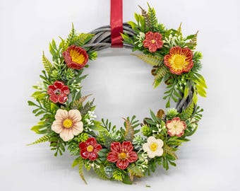 Wreath with Cherry Blossom - Red - Door Decoration,Hanging Wreath with Ceramic Flowers