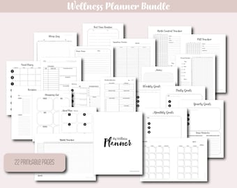 Printable Wellness Planner Bundle -  For Self Care - Habit Tracker, Goal Tracker, Mood Tracker, Mental Health Tracker, Wellness Journal