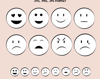 May include: A set of 12 black and white emoji clip art images. The emojis include a heart-eyed smiley face, a smiling face, a neutral face, a frowning face, a sad face, a crying face, an angry face, and a sleepy face.