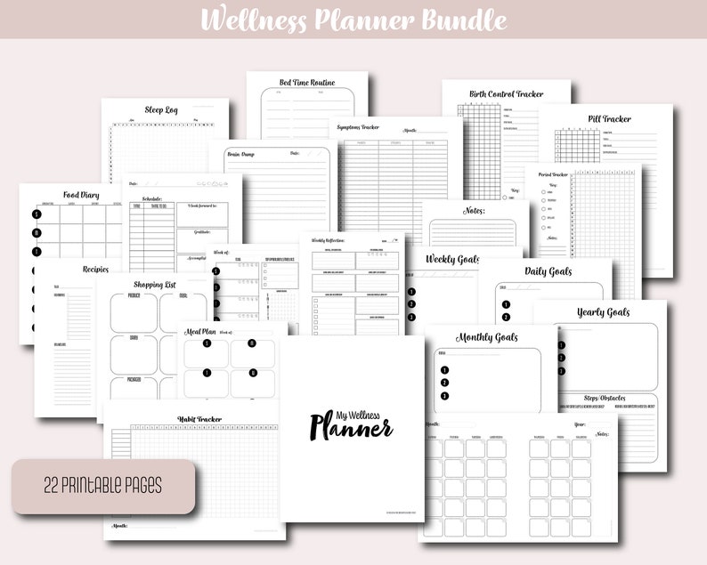 Printable Wellness Planner Bundle - for Self Care - Habit Tracker, Goal ...