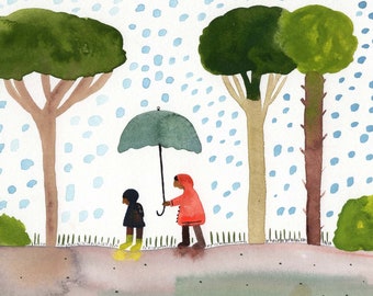 Walk in the Rain Watercolor Painting on Printmaking Paper – 7.25 " x 4.5 "