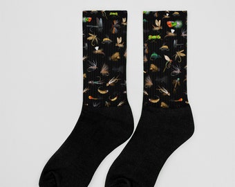 Trout Fly Fishing Flies Socks (Black), Original Hand-Drawn Art