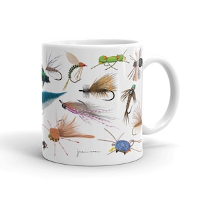 Fly Fishing Flies Mug, ORIGINAL HAND-DRAWN Art, Trout Saltwater Flies, Fly Tying Gift