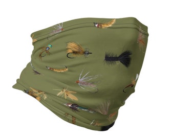 Polaina para el cuello con moscas para pesca de trucha, color verde militar / Impresión artística original de moscas dibujadas a mano