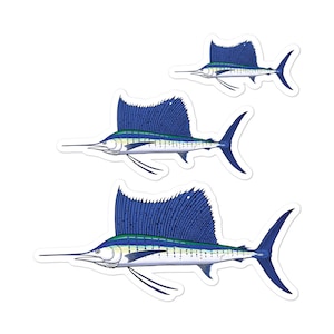 Adesivos de peixe-veleiro (3 peças), arte original de peixe desenhada à mão, adesivo de vinil à prova d'água para presente