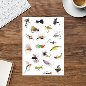 Folha de adesivos de moscas para pesca com mosca, pacote econômico, 20 peças, arte original desenhada à mão