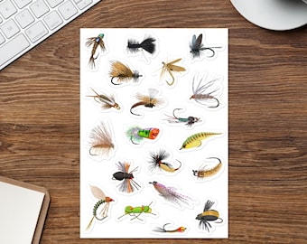Fly Fishing Flies Sticker sheet, Value Pack, 20 Pieces Original Hand-drawn Art