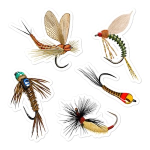 Fly fishing Flies 5-piece Trout Flies Sticker Pack (Set C) | Waterproof Stickers | Hand Drawn Flies Stickers Gift
