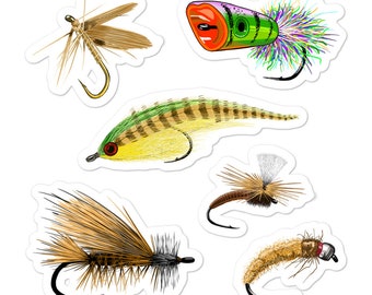 Fly Fishing Flies sticker pack 6-piece Set | Waterproof Vinyl } Hand Drawn Flies Art