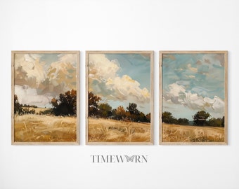 Afdrukbare Wildflower veld landschap schilderij, land veld kunst aan de muur 3 stukken vintage kunst aan de muur, decor van de boerderij, digitale download