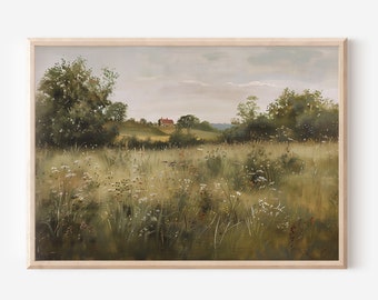 Vintage Wildflower Field Landscape Painting, Printable Wall Art, Meadow Landscape Art Print, Country Field Wall Decor, Digital Download