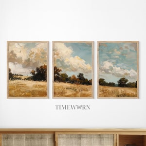 Printable Wildflower Field Landscape Painting, Country Field Wall Art 3 Pieces Vintage Wall Art, Farmhouse Decor, Digital Download