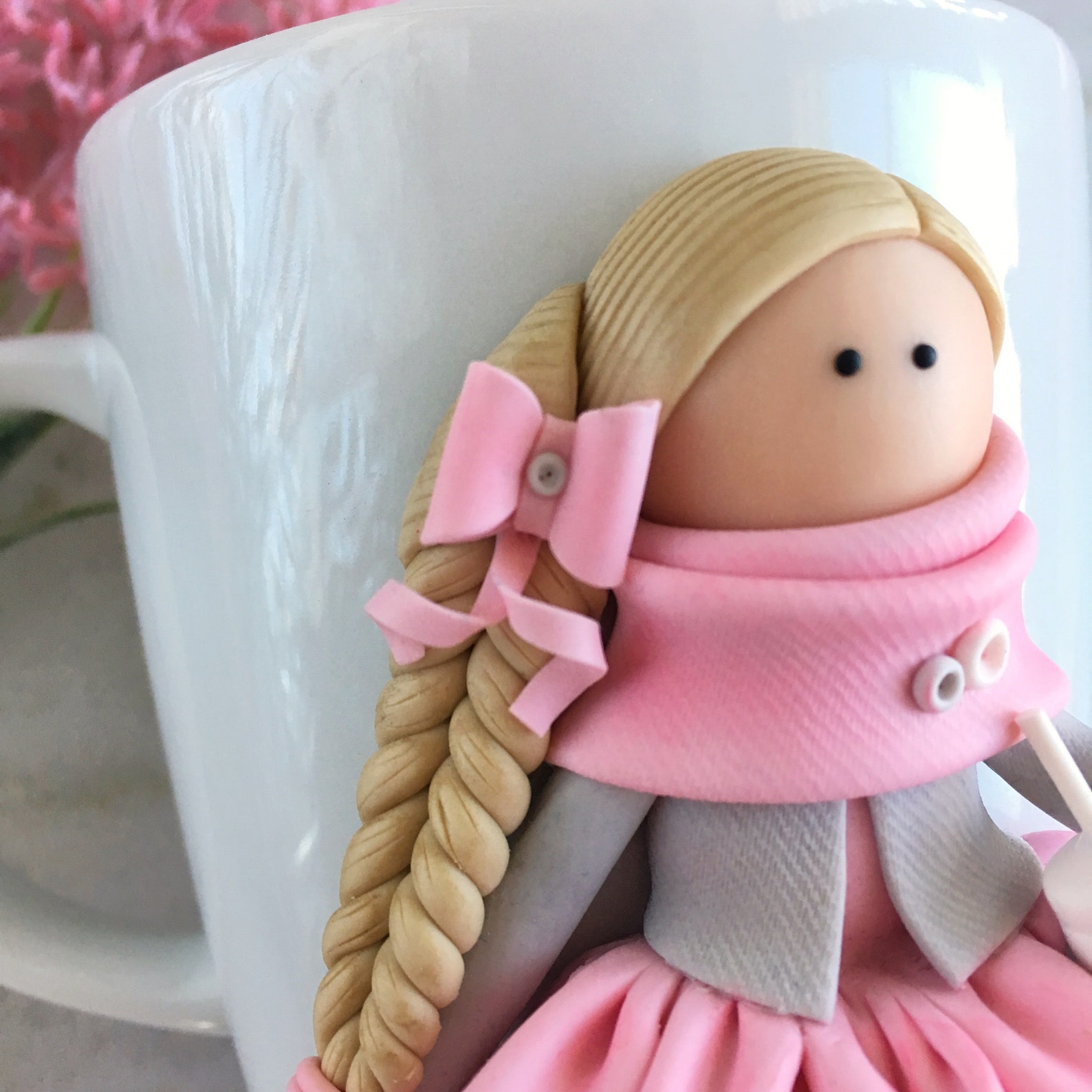 Polymer clay doll on mug / Hand sculpted modeling decor / Etsy