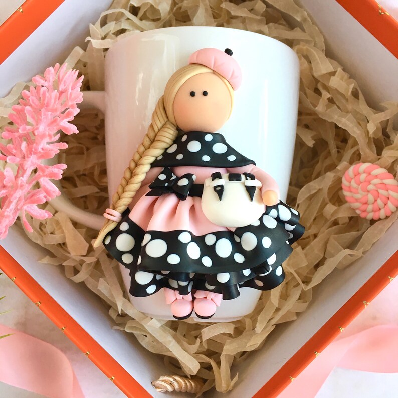 Polymer clay doll on mug / Hand sculpted decor / Mug with Etsy