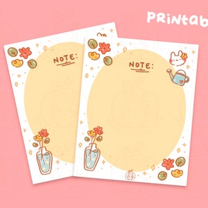 Peut inclure: Cartes de notes imprimables sur le thème floral. Chaque carte a un cercle au centre avec le mot "NOTE:" au-dessus. Les cartes sont décorées de fleurs, de feuilles et d'un petit lapin tenant un arrosoir.
