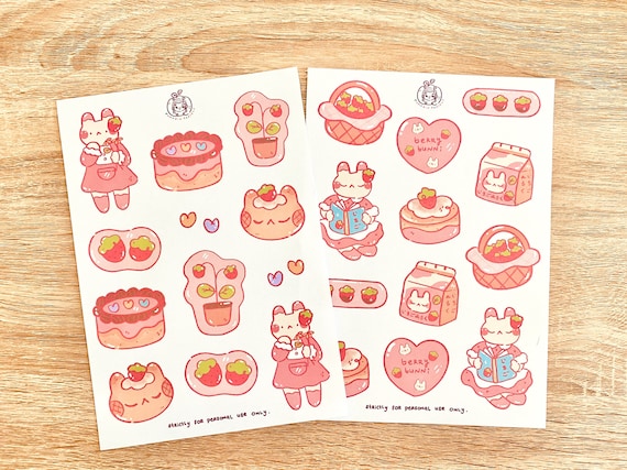 Strawberry Bunny Sticker SET 2 X Sticker Sheets part 1 & 2 Printable  DIGITAL File Printable Stickers Cute Journal Stickers 