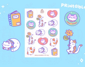 Love, Cat (Deuxième partie) Feuille d’autocollants - Fichier numérique imprimable || Autocollants imprimables | Autocollants mignons de planificateur | Journal Kawaii Stickers