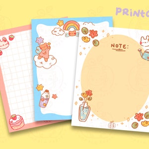 3 x Memo Sheets BUNDLE (Conejito de flores + Oso mágico + Memorándum de conejo de fresa) / Archivos DIGITAL imprimibles / Conjunto de notas lindas / Kawaii Nota Pad